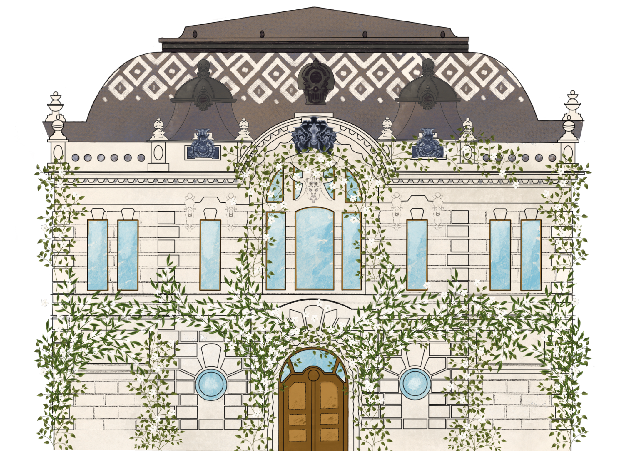 Illustrated villa wedding invitation